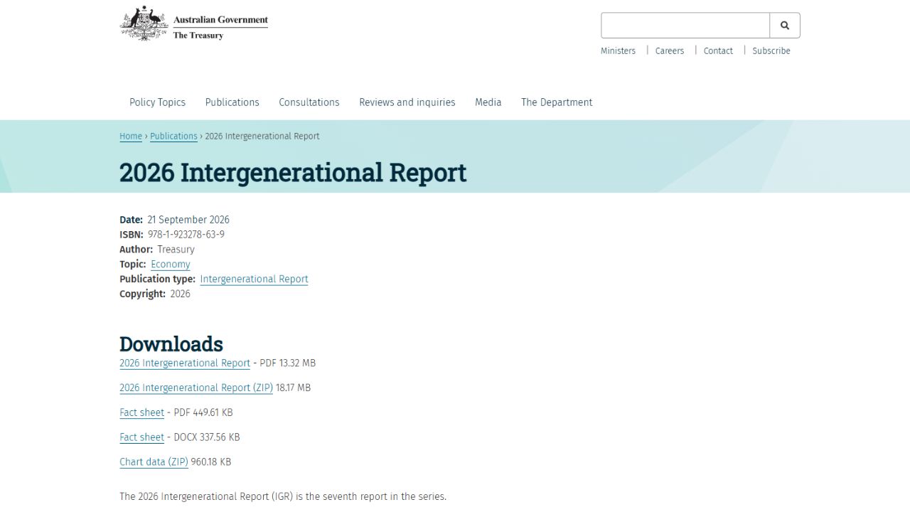 2026 Australian Intergenerational Report By The Australian Government