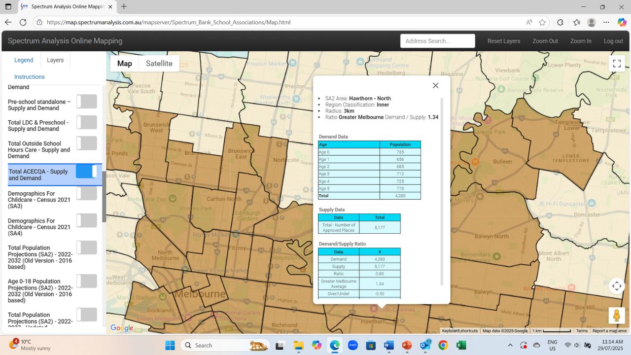 Map showing the ACECQA Childcare numbers and the child population for Hawthorn - North